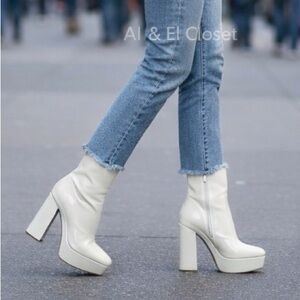 Guess BYRA Platform Block Heel Women’s Ankle Boots Ivory Patent, Size 9.5M NWB